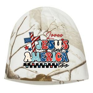 Loves Jesus And America Too God Christian Groovy 4th Of July Kati - Camo Knit Beanie