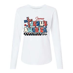 Loves Jesus And America Too God Christian Groovy 4th Of July Womens Cotton Relaxed Long Sleeve T-Shirt