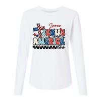 Loves Jesus And America Too God Christian Groovy 4th Of July Womens Cotton Relaxed Long Sleeve T-Shirt