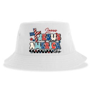 Loves Jesus And America Too God Christian Groovy 4th Of July Sustainable Bucket Hat