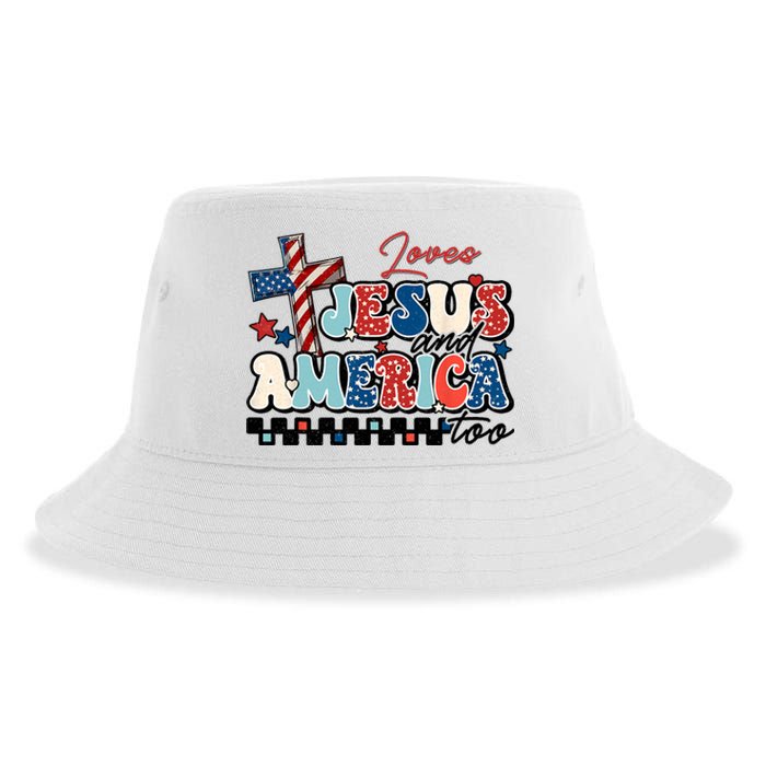 Loves Jesus And America Too God Christian Groovy 4th Of July Sustainable Bucket Hat