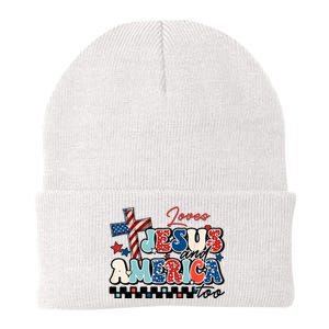 Loves Jesus And America Too God Christian Groovy 4th Of July Knit Cap Winter Beanie