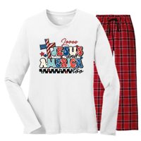 Loves Jesus And America Too God Christian Groovy 4th Of July Women's Long Sleeve Flannel Pajama Set 