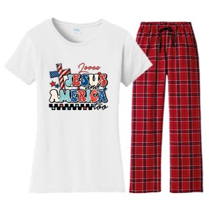 Loves Jesus And America Too God Christian Groovy 4th Of July Women's Flannel Pajama Set