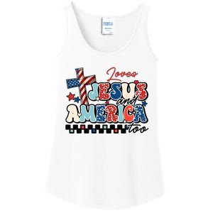 Loves Jesus And America Too God Christian Groovy 4th Of July Ladies Essential Tank