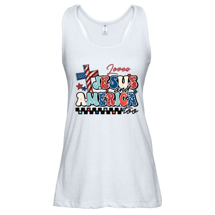 Loves Jesus And America Too God Christian Groovy 4th Of July Ladies Essential Flowy Tank