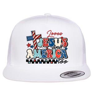 Loves Jesus And America Too God Christian Groovy 4th Of July Flat Bill Trucker Hat