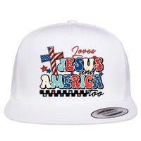 Loves Jesus And America Too God Christian Groovy 4th Of July Flat Bill Trucker Hat