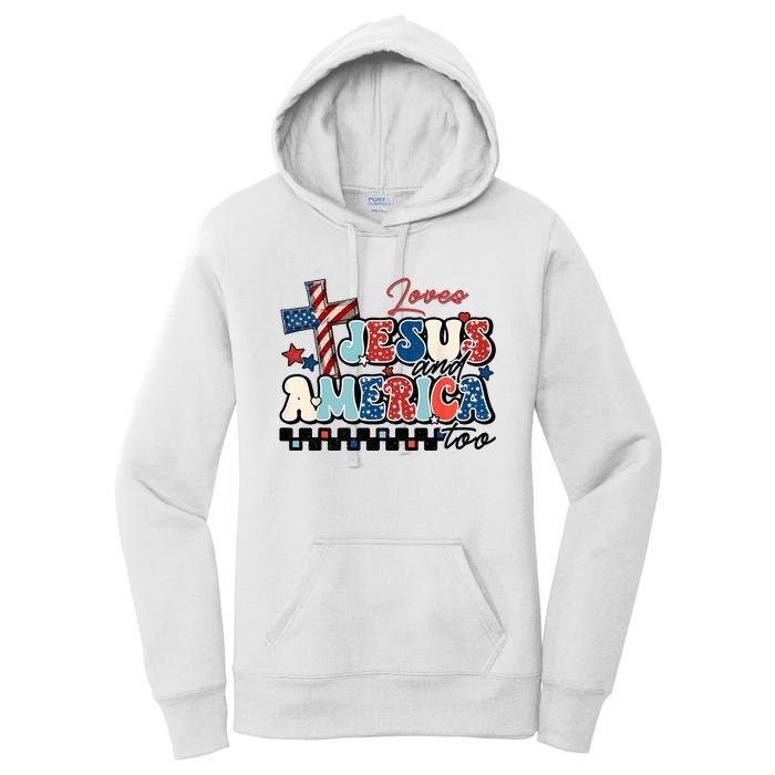 Loves Jesus And America Too God Christian Groovy 4th Of July Women's Pullover Hoodie