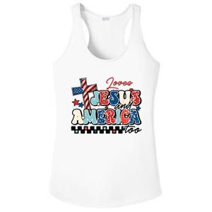 Loves Jesus And America Too God Christian Groovy 4th Of July Ladies PosiCharge Competitor Racerback Tank