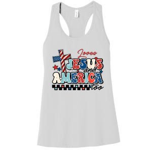 Loves Jesus And America Too God Christian Groovy 4th Of July Women's Racerback Tank