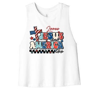 Loves Jesus And America Too God Christian Groovy 4th Of July Women's Racerback Cropped Tank