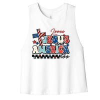 Loves Jesus And America Too God Christian Groovy 4th Of July Women's Racerback Cropped Tank