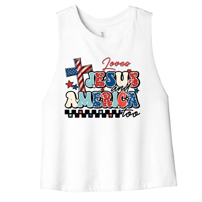 Loves Jesus And America Too God Christian Groovy 4th Of July Women's Racerback Cropped Tank