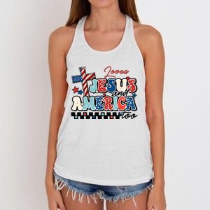 Loves Jesus And America Too God Christian Groovy 4th Of July Women's Knotted Racerback Tank