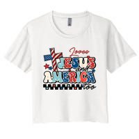 Loves Jesus And America Too God Christian Groovy 4th Of July Women's Crop Top Tee