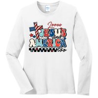 Loves Jesus And America Too God Christian Groovy 4th Of July Ladies Long Sleeve Shirt