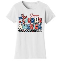 Loves Jesus And America Too God Christian Groovy 4th Of July Women's T-Shirt