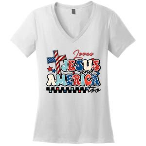 Loves Jesus And America Too God Christian Groovy 4th Of July Women's V-Neck T-Shirt