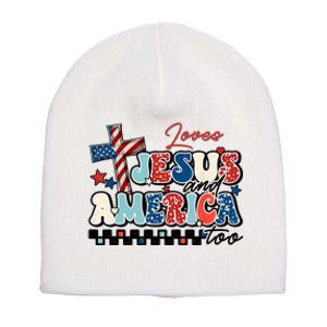 Loves Jesus And America Too God Christian Groovy 4th Of July Short Acrylic Beanie