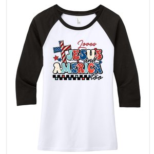 Loves Jesus And America Too God Christian Groovy 4th Of July Women's Tri-Blend 3/4-Sleeve Raglan Shirt