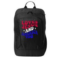 Loves Jesus And America Too Funny 4th Of July Groovy & Wavy City Backpack