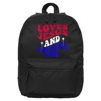 Loves Jesus And America Too Funny 4th Of July Groovy & Wavy 16 in Basic Backpack