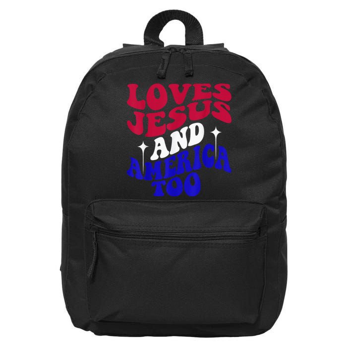 Loves Jesus And America Too Funny 4th Of July Groovy & Wavy 16 in Basic Backpack