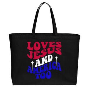 Loves Jesus And America Too Funny 4th Of July Groovy & Wavy Cotton Canvas Jumbo Tote