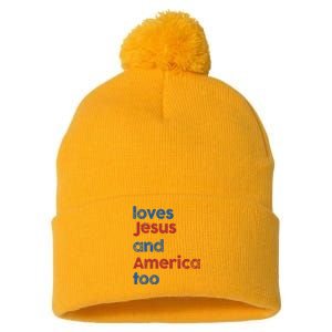 Loves Jesus And America Too God Christian 4th Of July Pom Pom 12in Knit Beanie