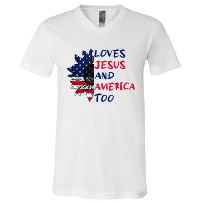 Loves Jesus And America Too Sunflower V-Neck T-Shirt