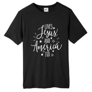 Loves Jesus And America Too 4th Of July Christian Tall Fusion ChromaSoft Performance T-Shirt