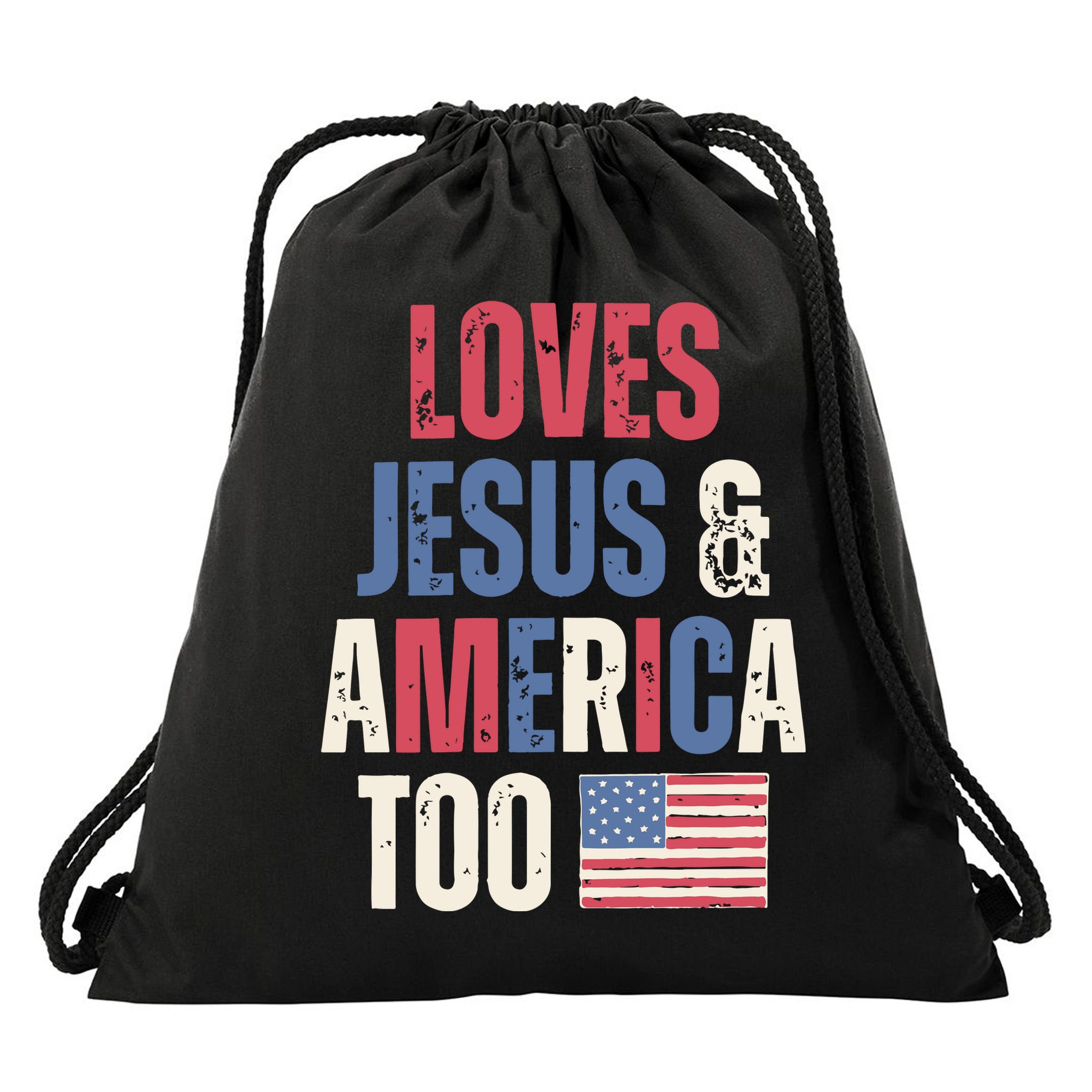 Loves Jesus & America Too Funny 4th Of July Drawstring Bag