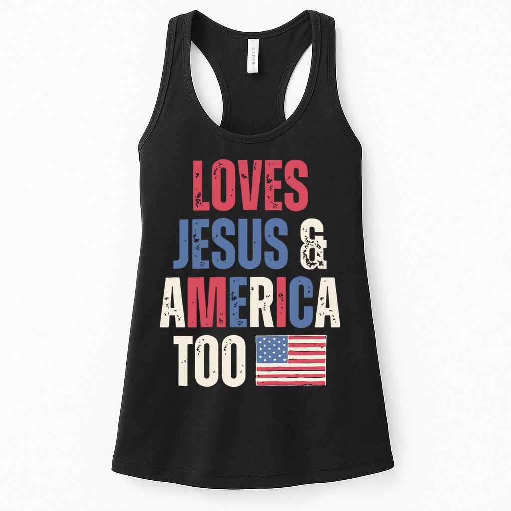 Loves Jesus & America Too Funny 4th Of July Womens Tank Top