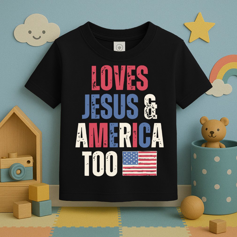 Loves Jesus & America Too Funny 4th Of July Toddler T-Shirt