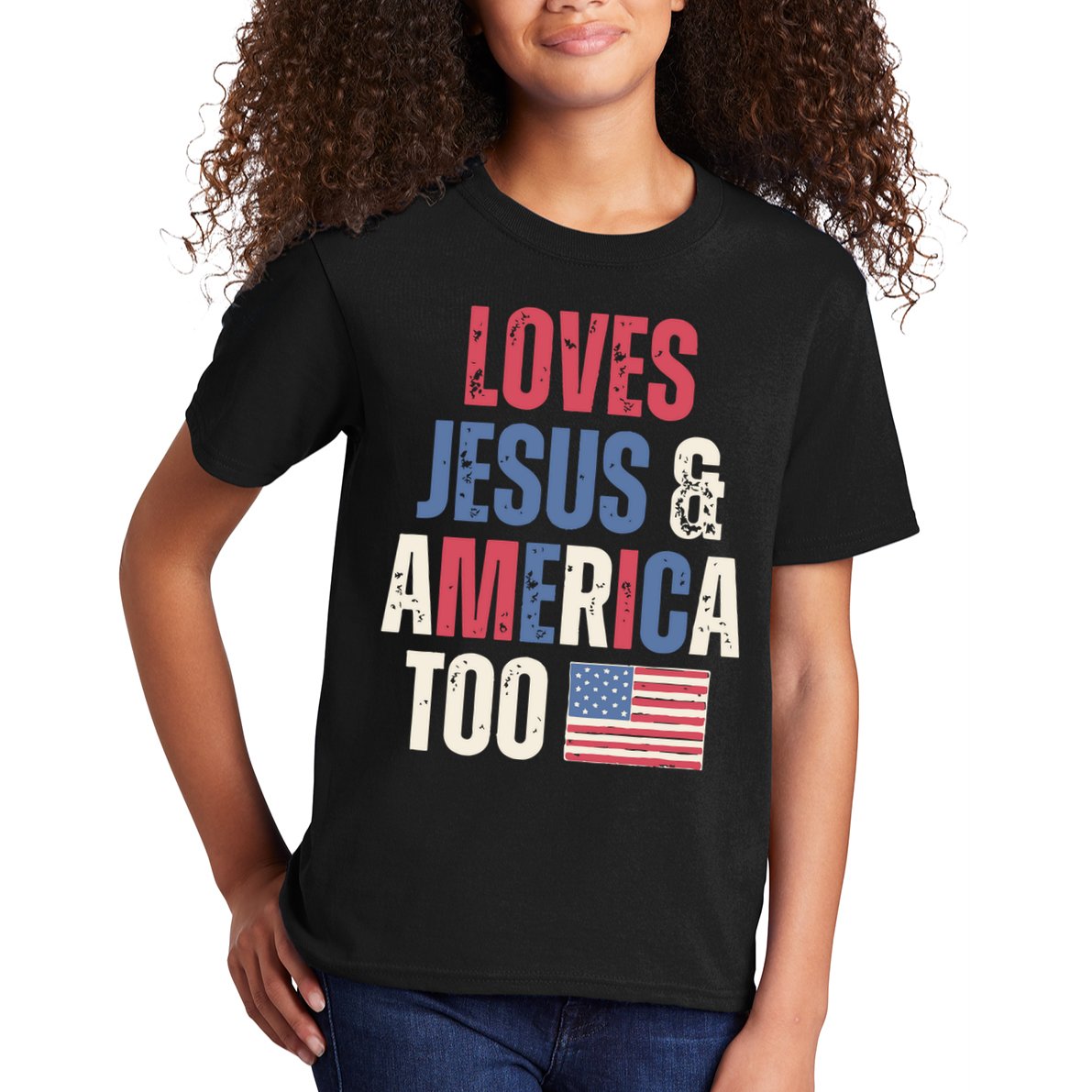 Loves Jesus & America Too Funny 4th Of July Kids T-Shirt