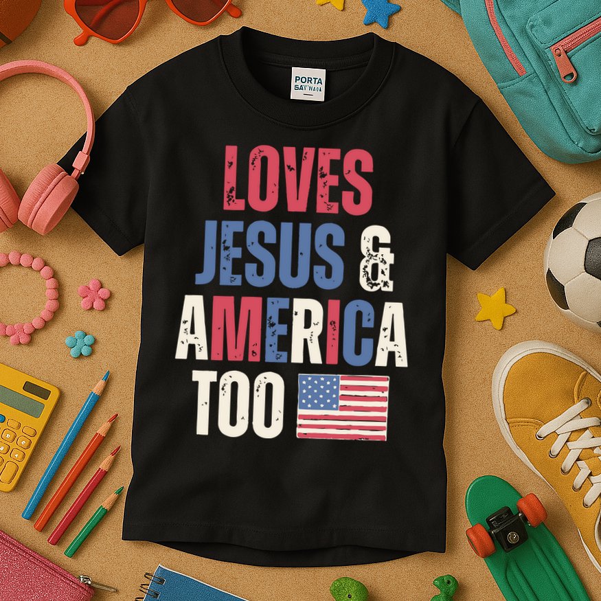 Loves Jesus & America Too Funny 4th Of July Kids T-Shirt