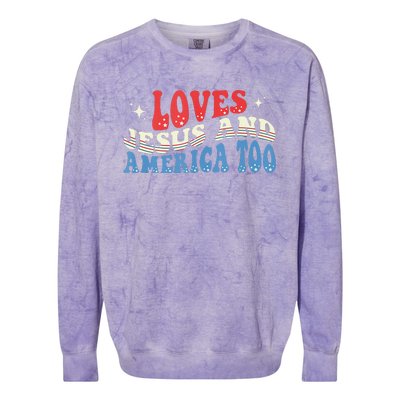 Loves Jesus And America Too God Christian Groovy 4th Of July Colorblast Crewneck Sweatshirt