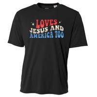 Loves Jesus And America Too God Christian Groovy 4th Of July Cooling Performance Crew T-Shirt