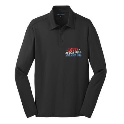 Loves Jesus And America Too God Christian Groovy 4th Of July Silk Touch Performance Long Sleeve Polo