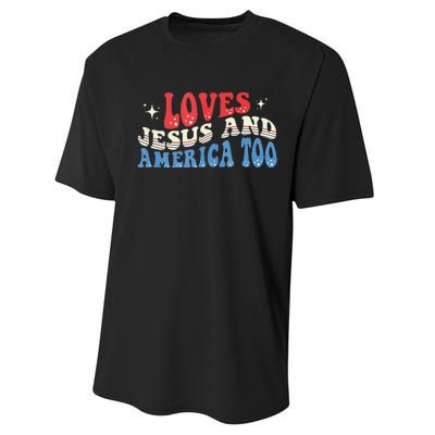 Loves Jesus And America Too God Christian Groovy 4th Of July Performance Sprint T-Shirt