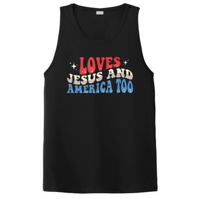 Loves Jesus And America Too God Christian Groovy 4th Of July PosiCharge Competitor Tank