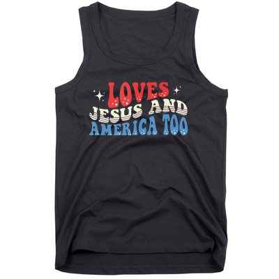 Loves Jesus And America Too God Christian Groovy 4th Of July Tank Top