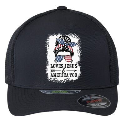 Loves Jesus & America Too Cute Christian Womens 4th July Flexfit Unipanel Trucker Cap