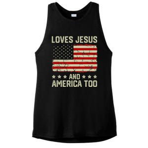 Loves Jesus And America Too USA Patriotic Christian Ladies PosiCharge Tri-Blend Wicking Tank