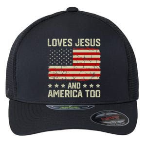 Loves Jesus And America Too USA Patriotic Christian Flexfit Unipanel Trucker Cap