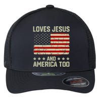 Loves Jesus And America Too USA Patriotic Christian Flexfit Unipanel Trucker Cap