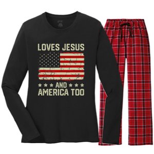 Loves Jesus And America Too USA Patriotic Christian Women's Long Sleeve Flannel Pajama Set 