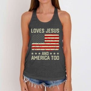 Loves Jesus And America Too USA Patriotic Christian Women's Knotted Racerback Tank