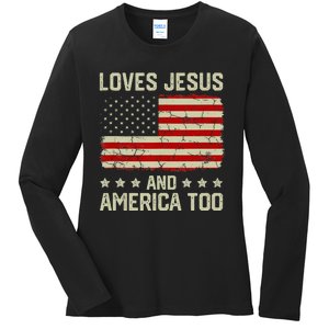 Loves Jesus And America Too USA Patriotic Christian Ladies Long Sleeve Shirt